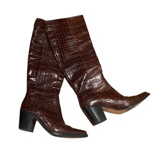 Ganni Chocolate Croc-Embossed Over the Knee Boots